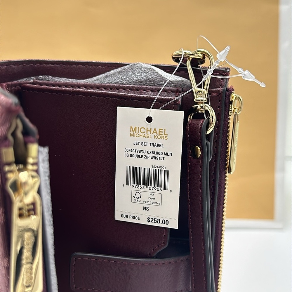 Michael Kors Jet Set Travel Lg Double-Zip Wristlet-Wallet-PhoneHolder Oxblood - Picture 4 of 15